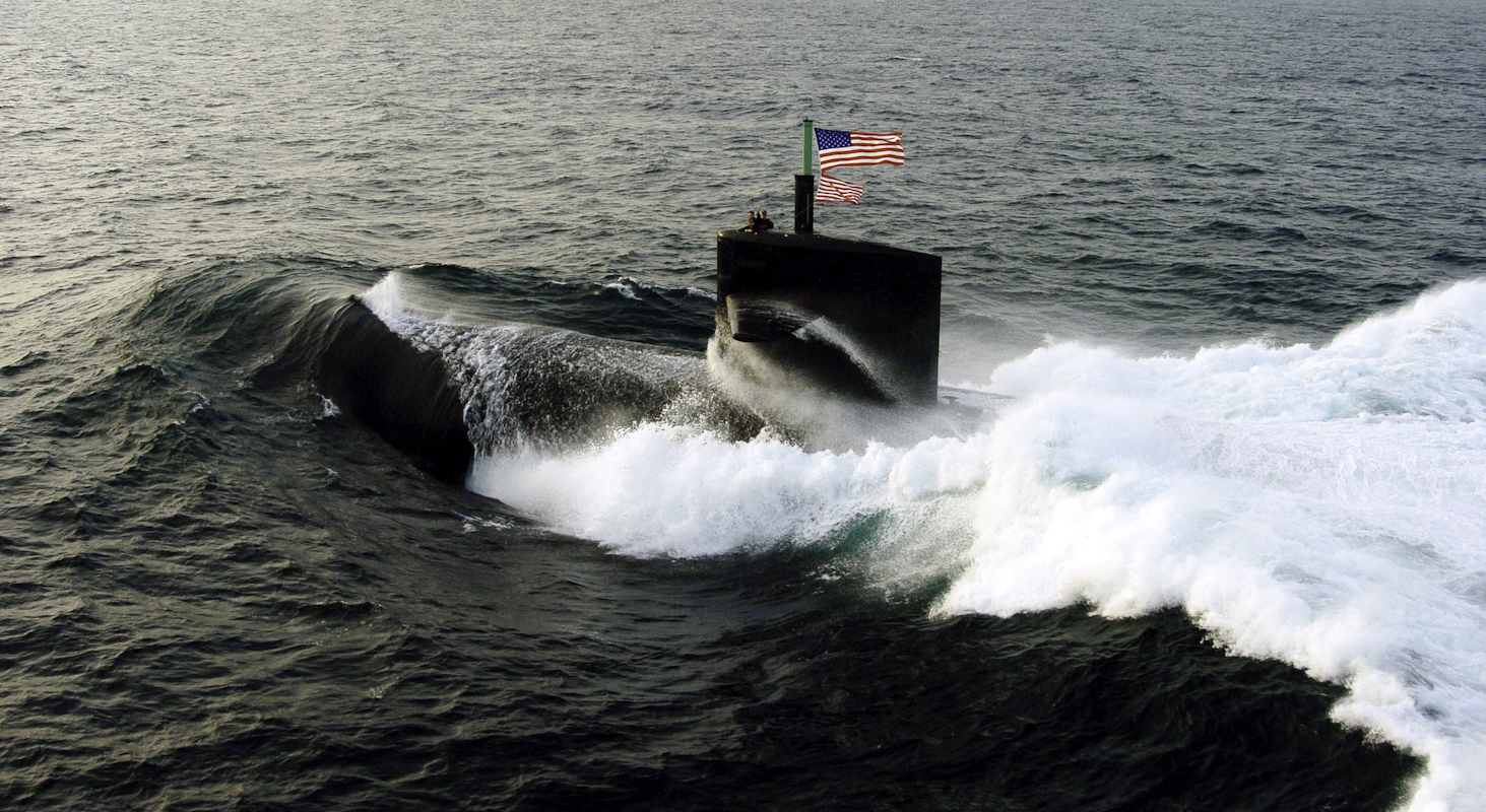 Navy submarine with an American flag. 